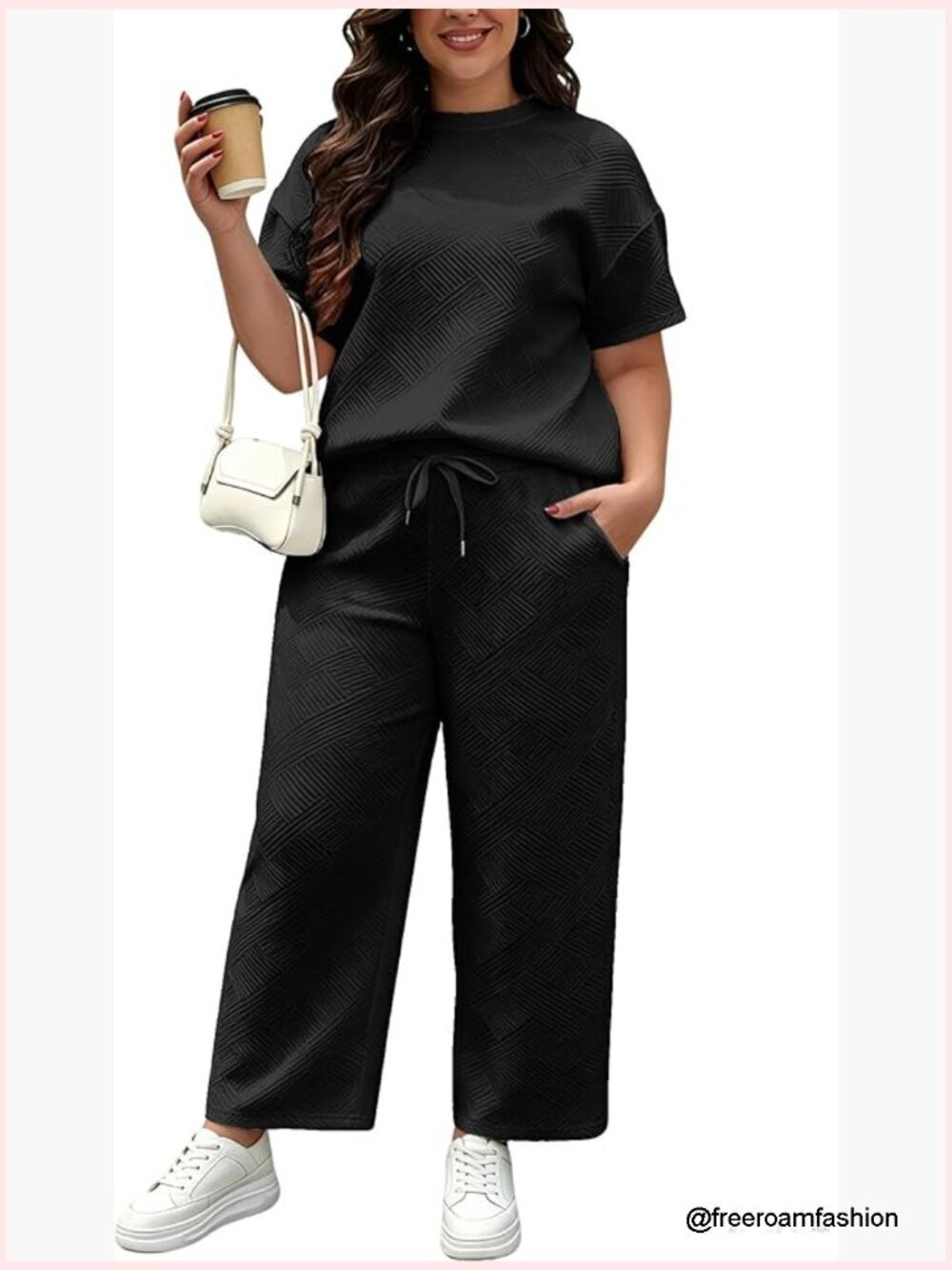 Plus Size 2 Piece Lounge Set - Short Sleeve Top & Wide Leg Pants